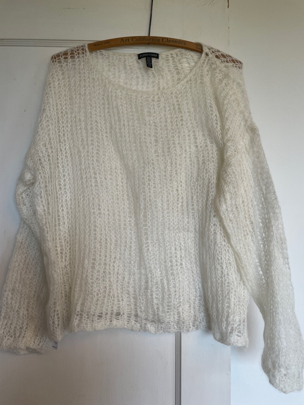 Eileen Fisher Open-Weave Cream Crewneck Sweater